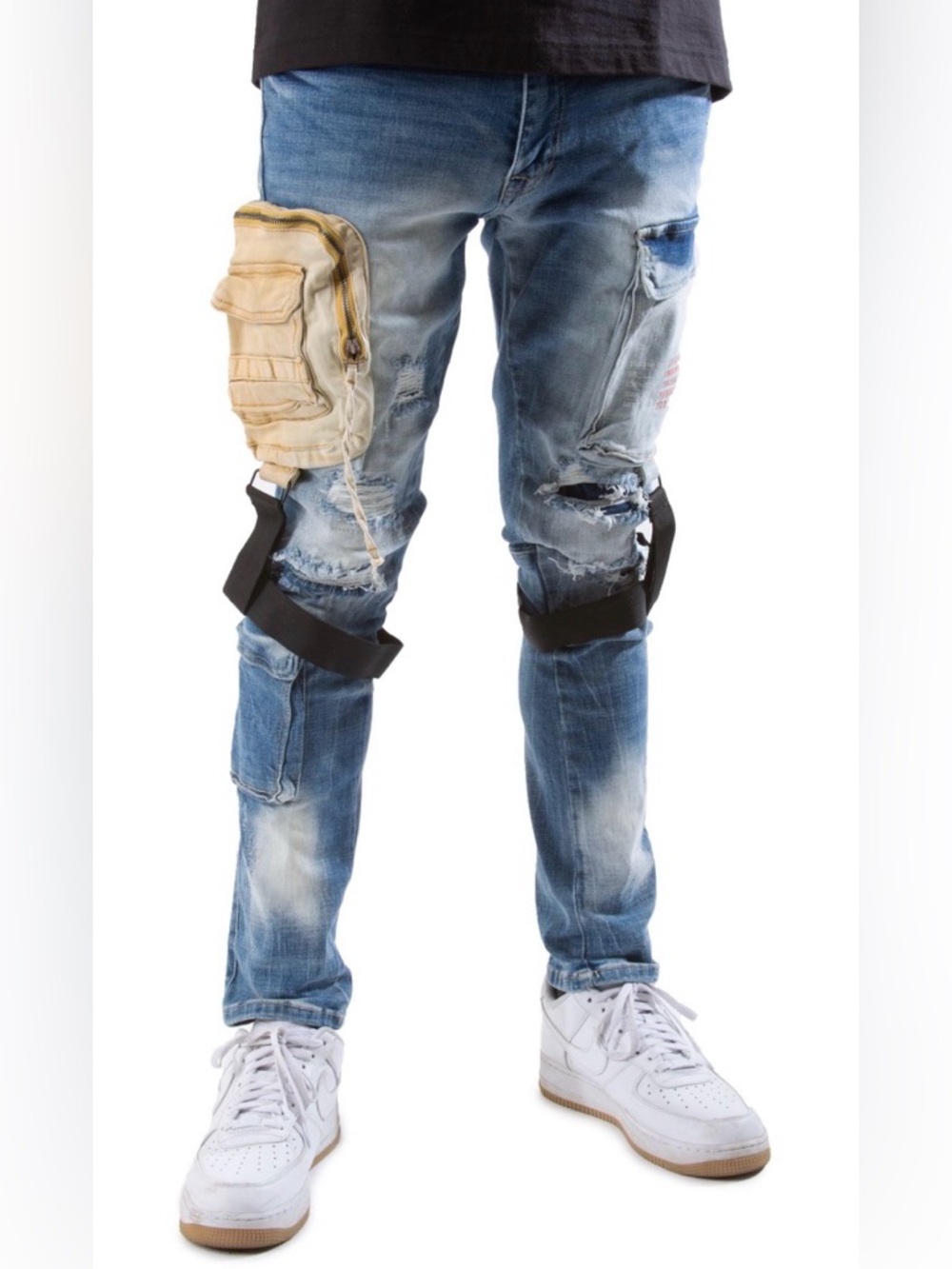 Decibel Utility Cargo Knee Harness Distressed Biker Denim Jeans size 32/32